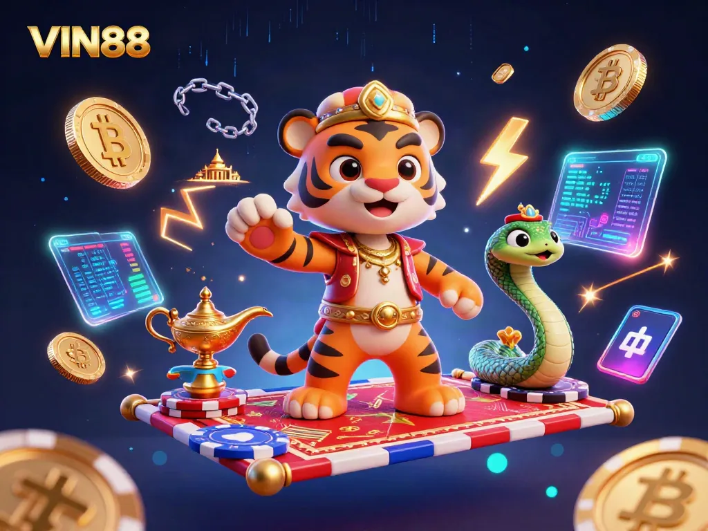 Win big with VIN88 on a vibrant, dynamic casino scene filled with digital gaming elements.