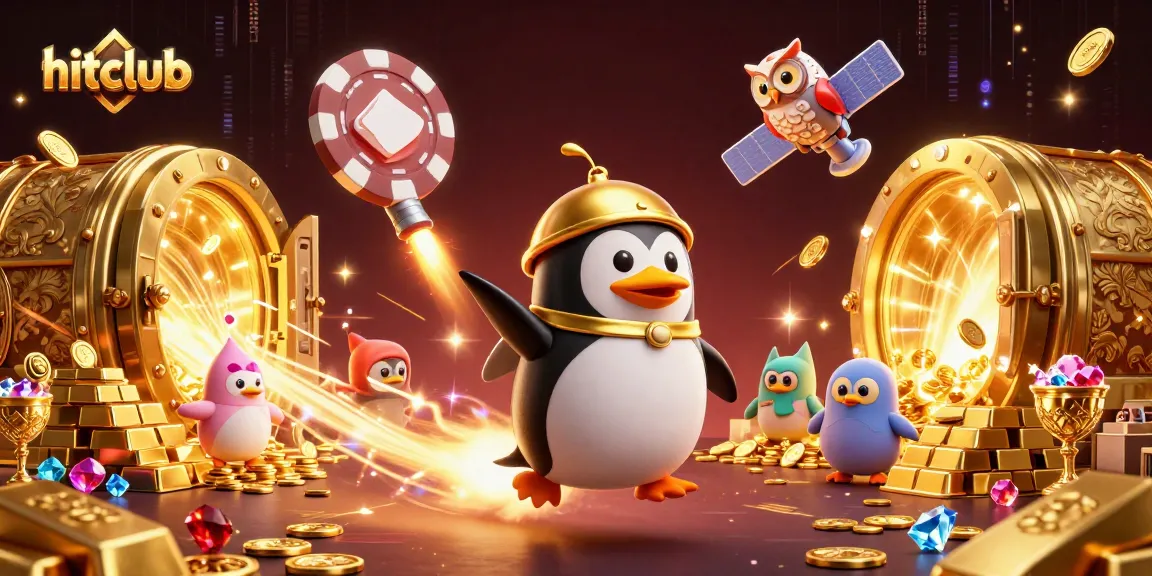 Experience thrilling gaming action with hitclub as a golden penguin journeys through a vibrant casino cosmos.