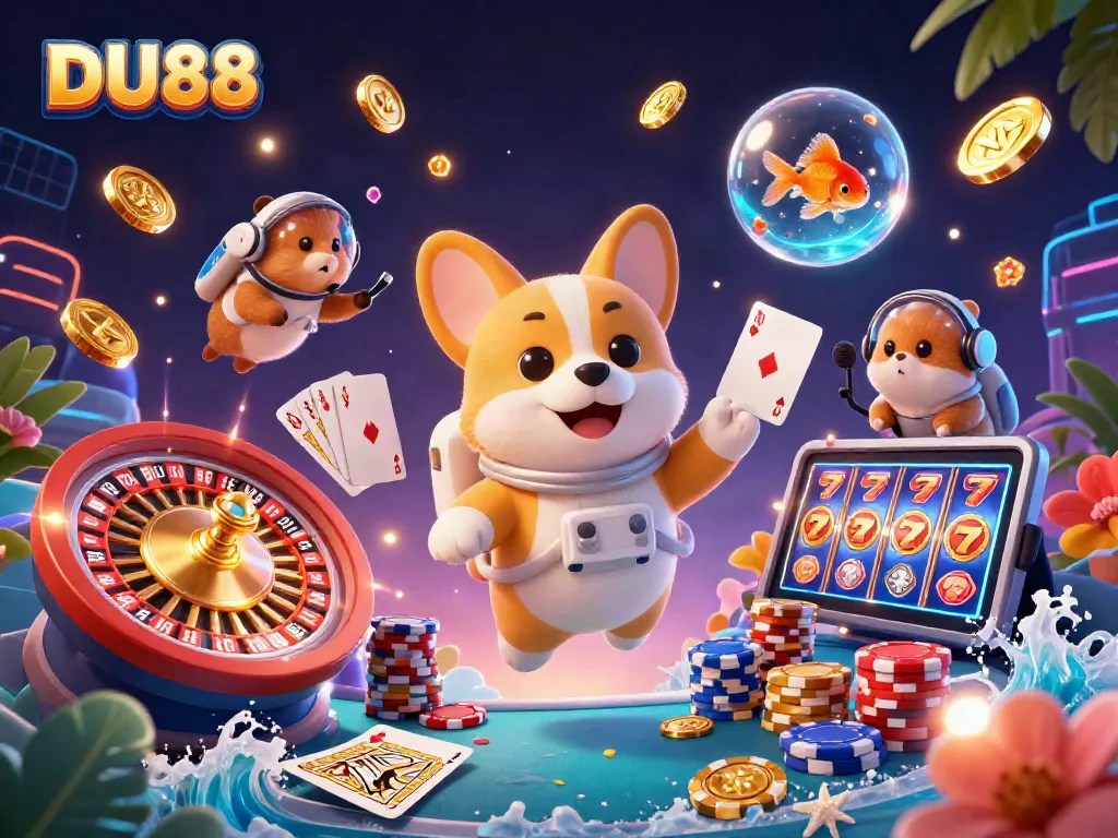 Dive into DU88 gaming with thrilling moments, floating corgi, roulette, and treasures in a vibrant casino scene.