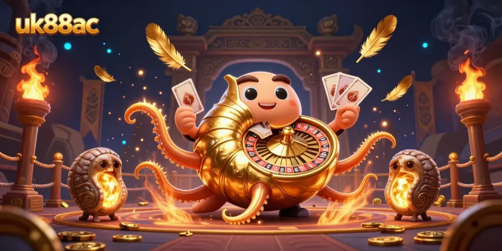 Engage with exciting gameplay at uk88ac while exploring a vibrant casino scene that showcases a giant nautilus-themed roulette.