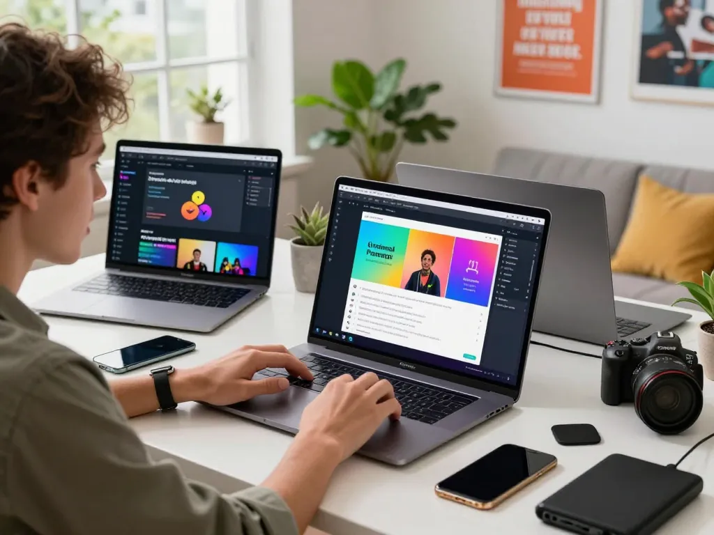 Creating image to prompt with AI generator in a modern workspace, showcasing vibrant output and tech gadgets.