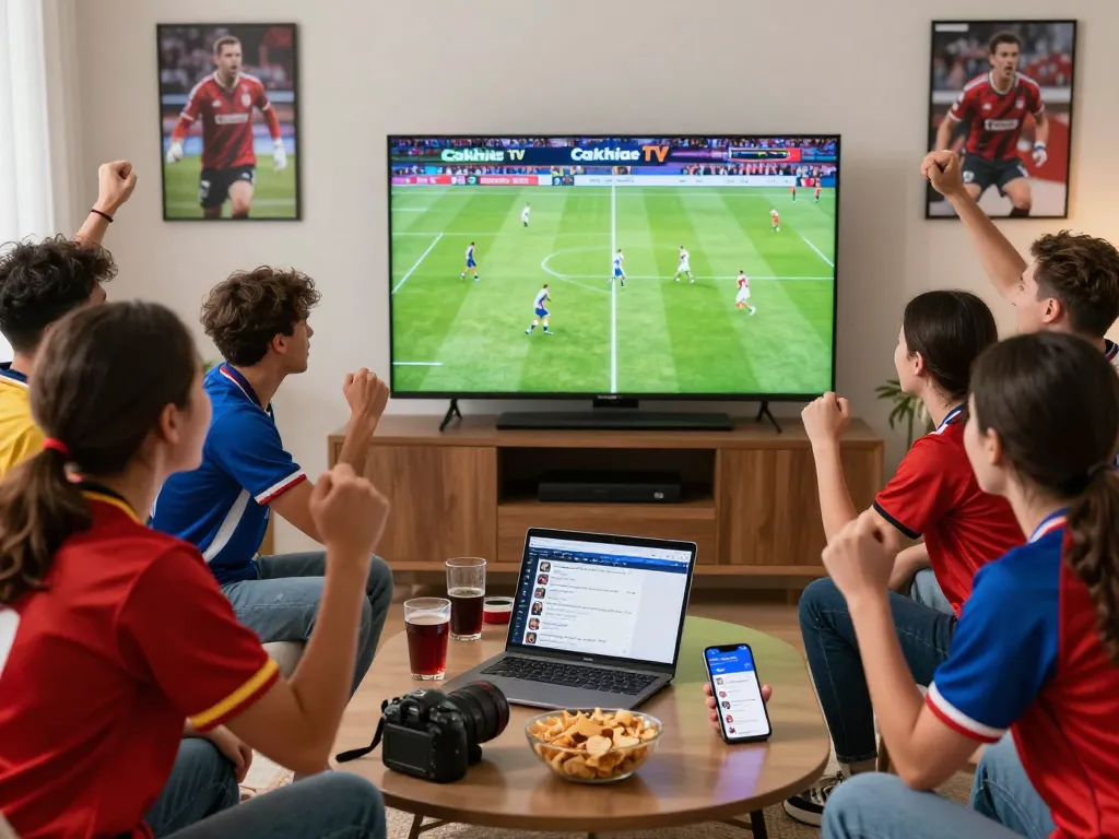 Cakhia TV live football match viewing party with friends cheering and celebrating.