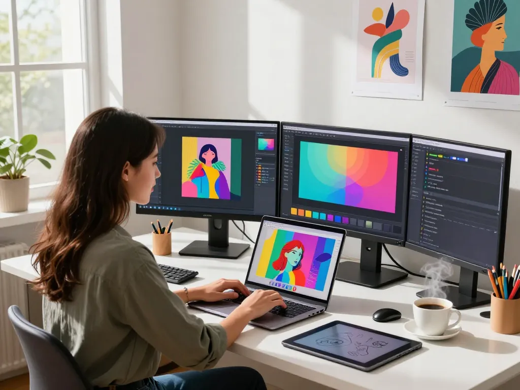 Designer utilizing Nano Banana 2 AI in a vibrant digital workspace, generating creative images.