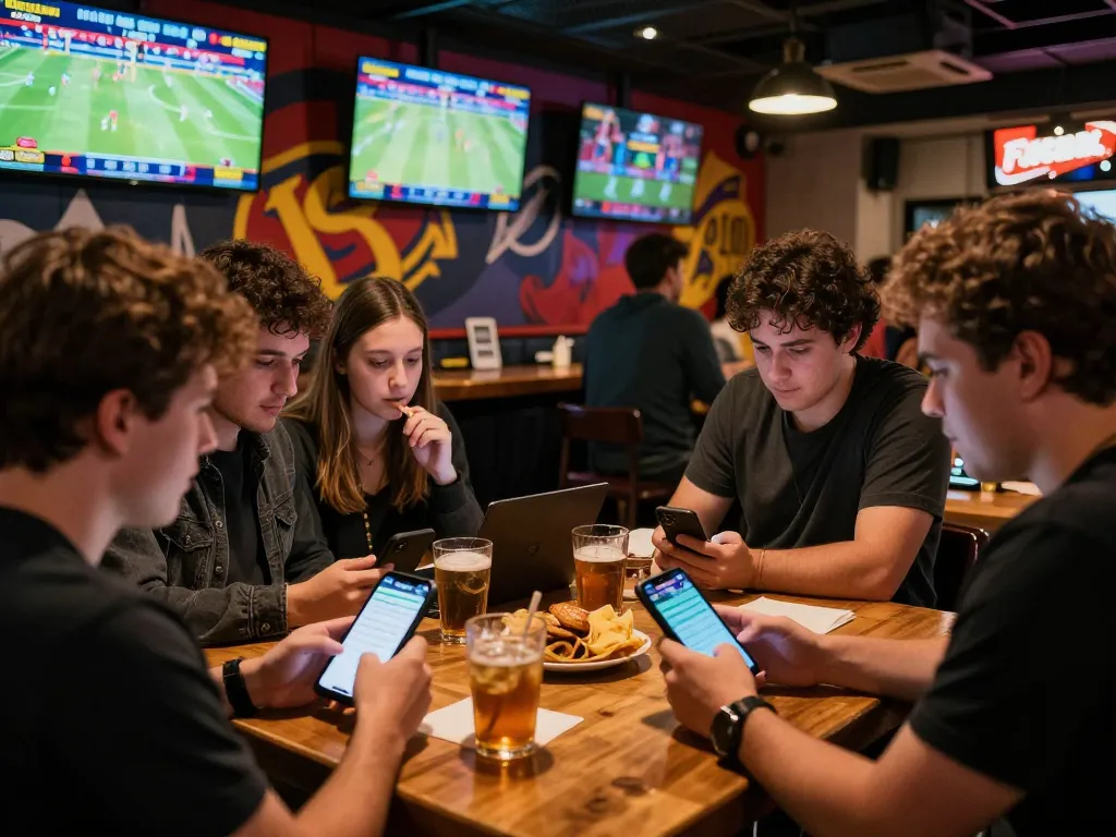 BONG88 players engaged in sports betting at a vibrant bar, analyzing odds and cheering for their teams.