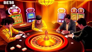 Online gambling experience at nhà cái BET88 with poker tables, chips, and roulette wheel.