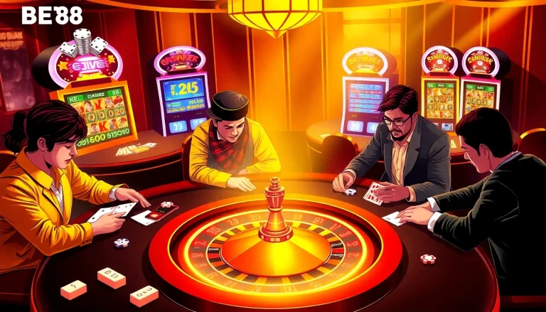 Online gambling experience at nhà cái BET88 with poker tables, chips, and roulette wheel.