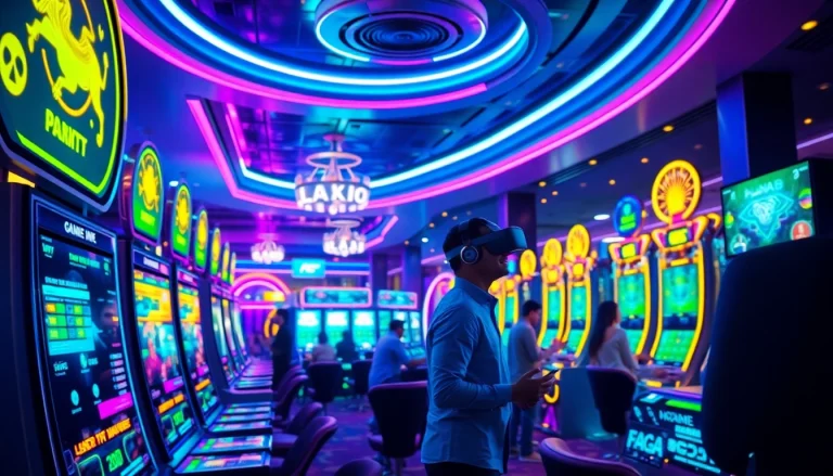 Experience new technology revolutionizing gambling in a futuristic casino setting.