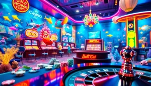 Experience bắn cá online in a vibrant virtual casino environment filled with lively fish and animated gaming elements.