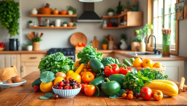 Explore healthy food ingredients like colorful fruits and vegetables beautifully arranged on a rustic kitchen table.