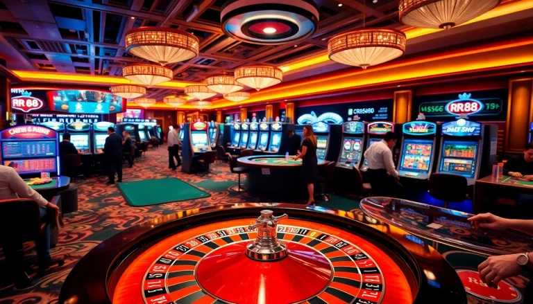 Exciting gameplay at nhà cái rr88's premier casino, featuring a roulette table and vibrant slot machines.