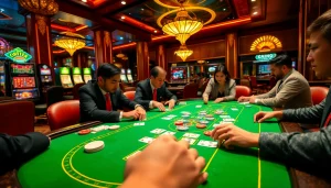 Players enjoying an exhilarating game bài đổi thưởng at a casino table, showcasing excitement and strategy.