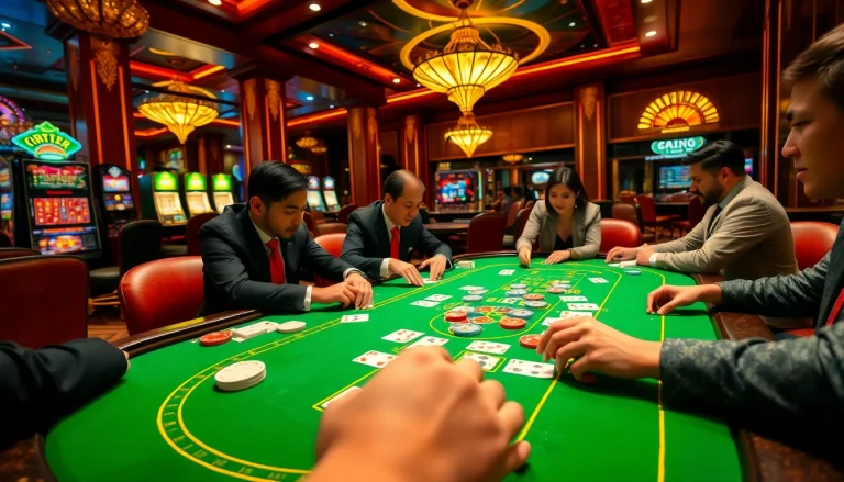 Players enjoying an exhilarating game bài đổi thưởng at a casino table, showcasing excitement and strategy.