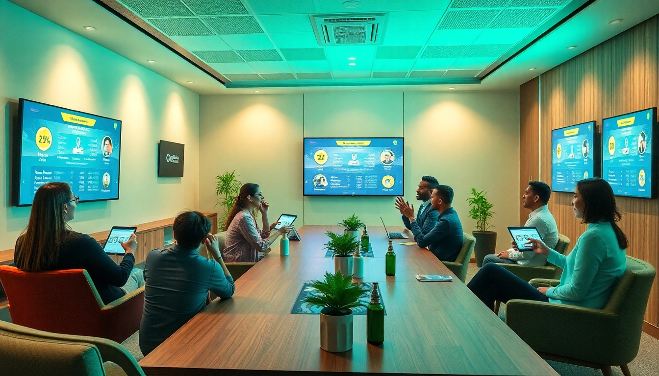Business gamification boosts engagement in a modern corporate meeting space, showcasing interactive leaderboards and employee interaction.
