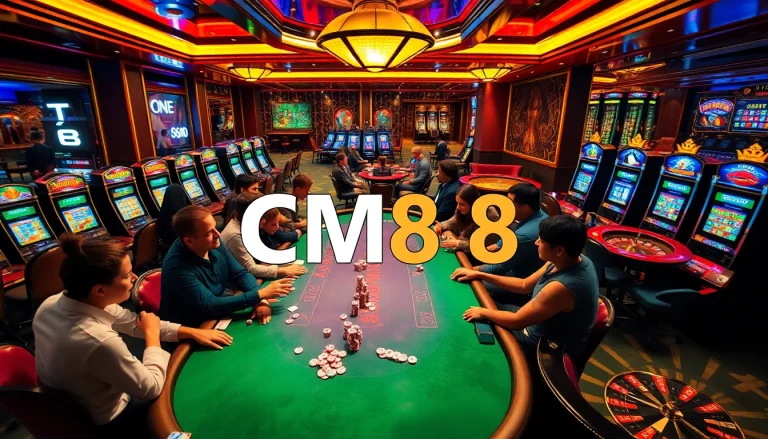CM88 branded betting slip amidst an exciting casino scene with players at poker and colorful slot machines.