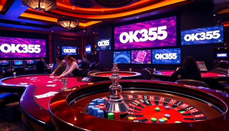 Experience exciting gameplay with OK365 at a luxurious casino table filled with poker chips and cards.