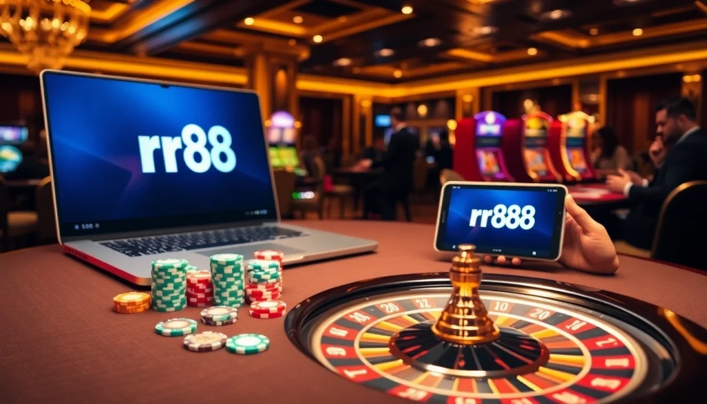 rr88 gaming table with poker chips and roulette wheel, showcasing an exciting casino experience