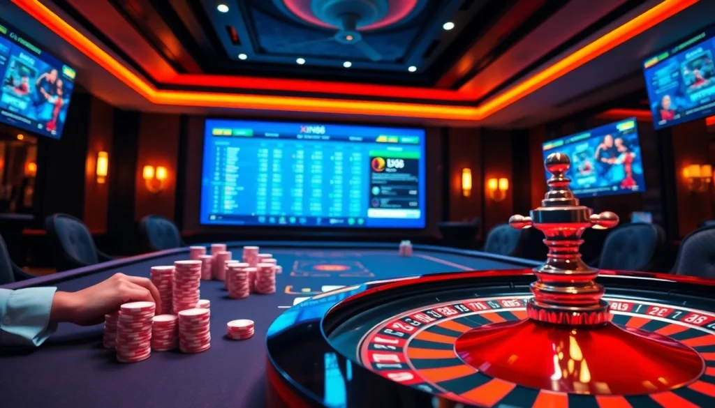 XIN88 đăng nhập and thrilling gaming at a luxurious casino table with vibrant chips and elegant lighting.