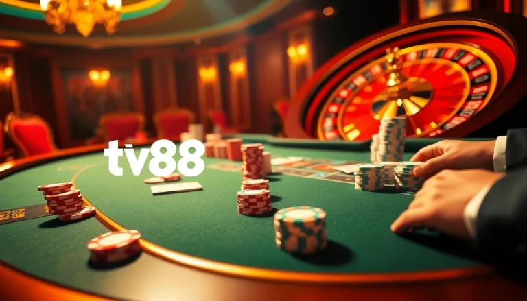 Exciting poker game scene featuring luxury casino elements and tv88 branding.