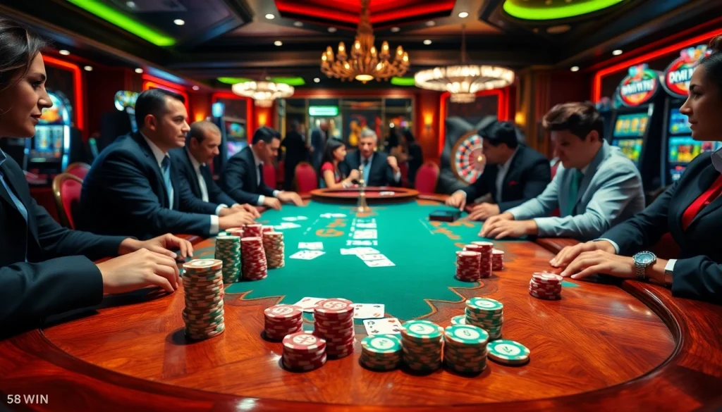 Exciting poker game at a luxurious casino showcasing 58WIN's vibrant atmosphere.