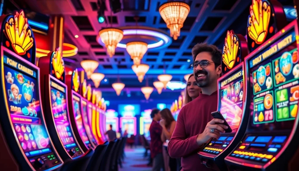 Experience the thrill of hoki138 pro with vibrant slot machines and excited players in a lively casino atmosphere.