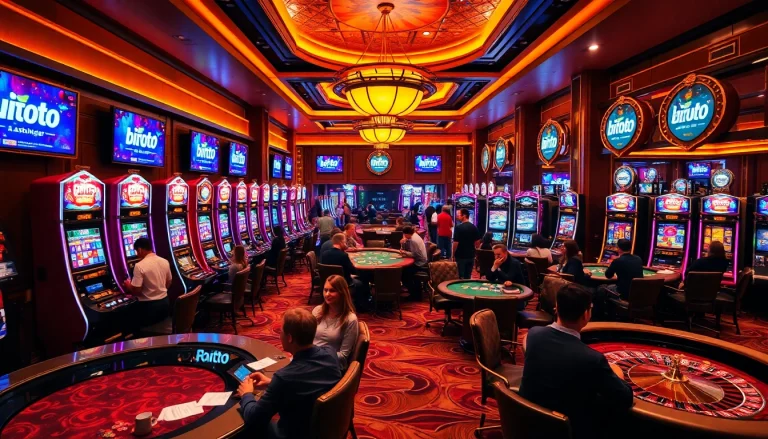 Engage with birutoto slot machines in a vibrant casino scene filled with excited gamers.