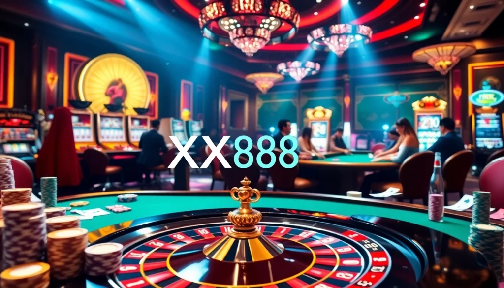 Casino scene showcasing XX88 with enthusiastic players at roulette and poker tables.