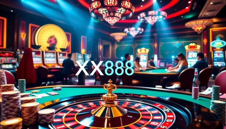 Casino scene showcasing XX88 with enthusiastic players at roulette and poker tables.