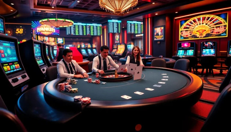 S8 online gamblers enjoying a rich casino experience at a poker table with vibrant slot machines in view.