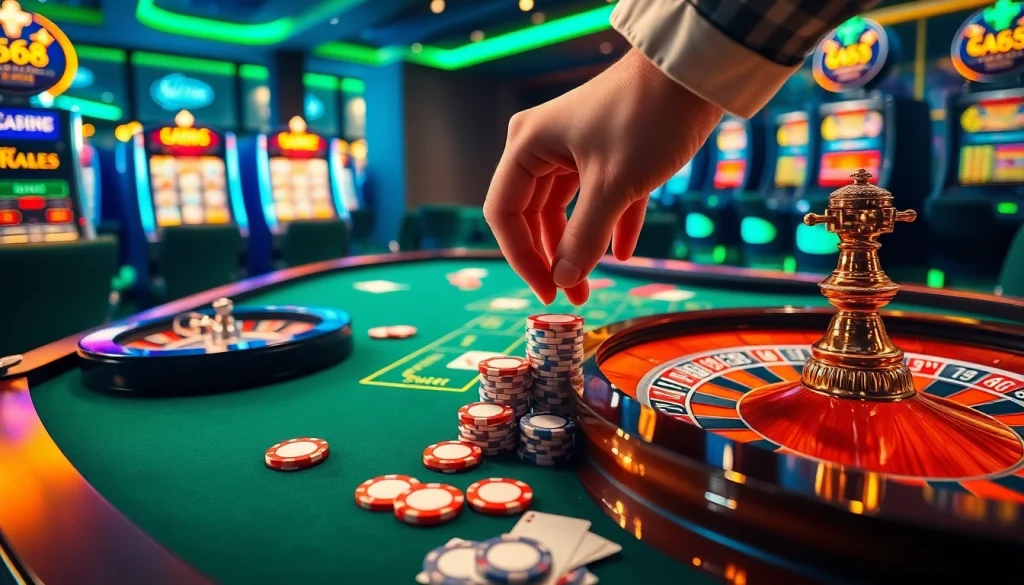 Experience the thrill at Five88 featuring luxurious casino tables and vibrant gaming elements.