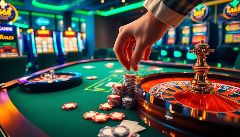 Experience the thrill at Five88 featuring luxurious casino tables and vibrant gaming elements.