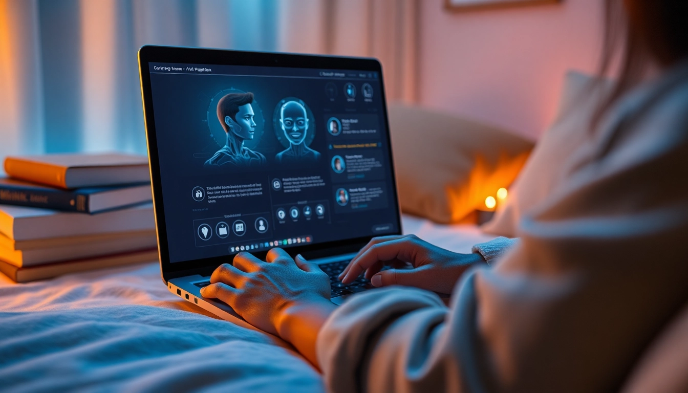 Engaging ai sex interaction showcasing a user connecting with a digital companion on a modern laptop.