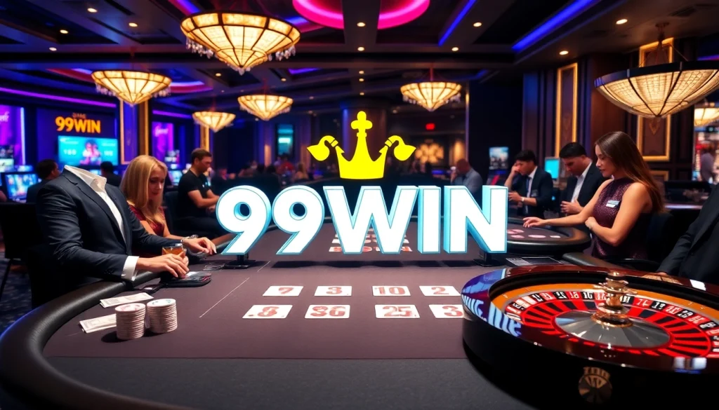 Experience thrilling gameplay at 99WIN casino with vibrant poker tables and interactive dealers.