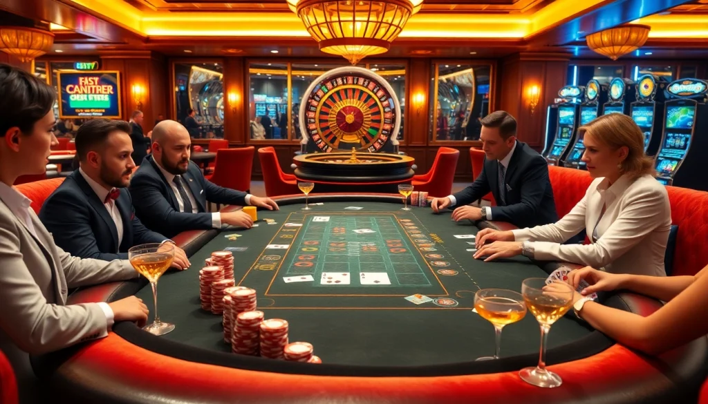 Poker players engaging at the table, showcasing พอร์ทเกม F168 in a luxurious casino setting with colorful chips and cards.