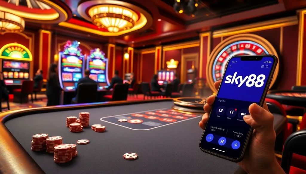 Experience the excitement of the sky88 app in a luxurious casino setting with vibrant gameplay.