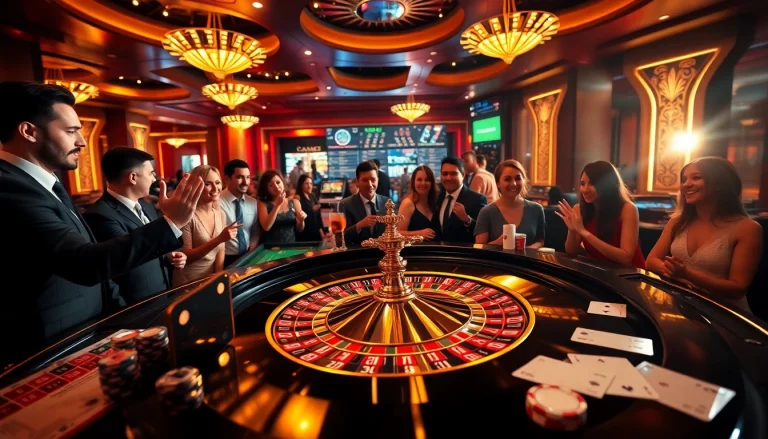 Experience thrilling gameplay at https://thabet.vegas/ with an elegant casino setup featuring roulette tables and excited players.