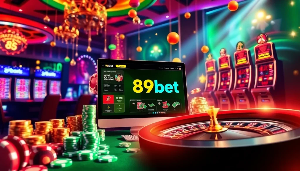 Experience thrilling games at 89bet, with poker chips and roulette highlighting exciting online gambling.