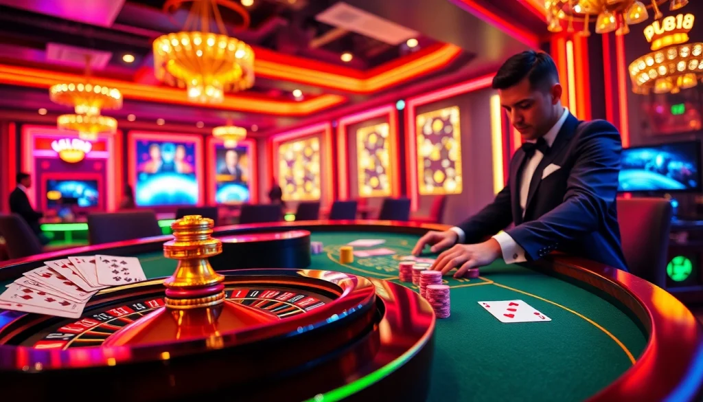 Experience the thrill of gaming at PU88 with an immersive casino scene featuring cards and roulette.