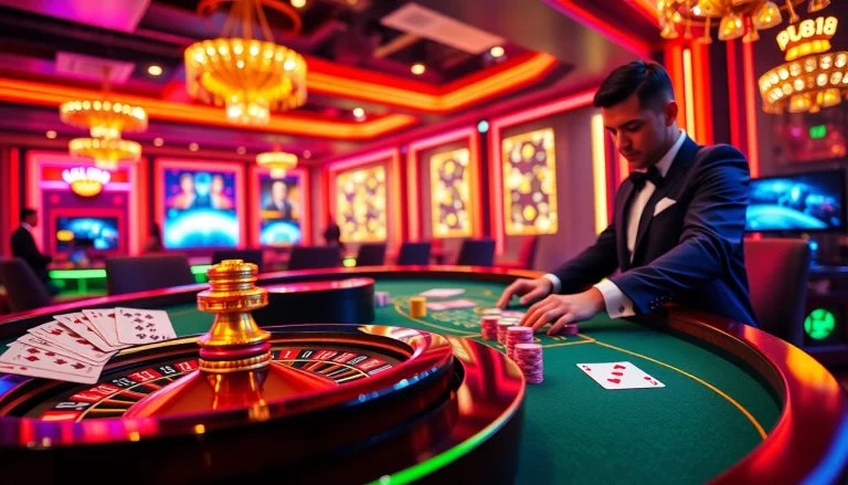 Experience the thrill of gaming at PU88 with an immersive casino scene featuring cards and roulette.