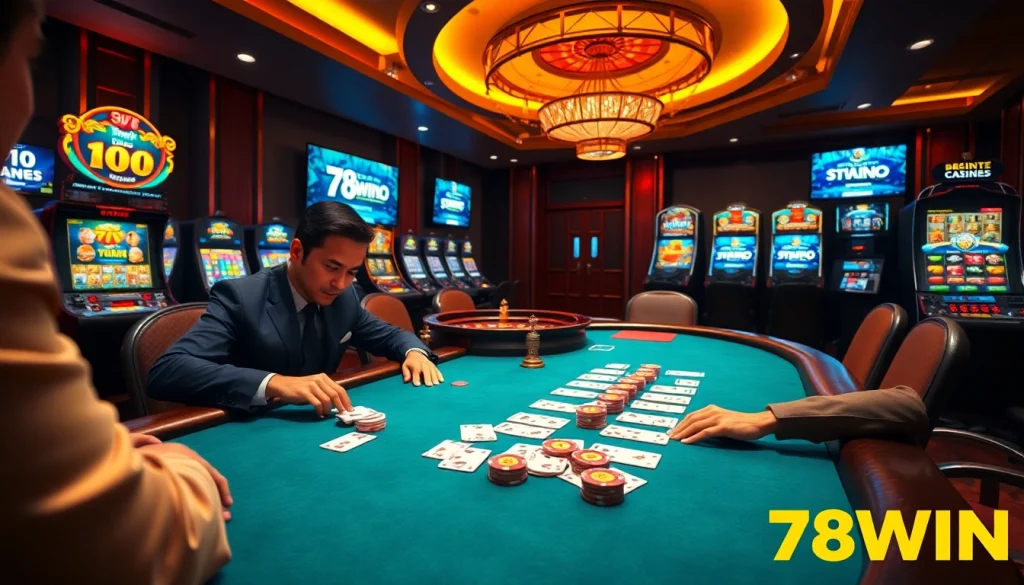 Players engaging in a thrilling poker game at 78WIN's luxurious casino table, surrounded by colorful chips and cards.