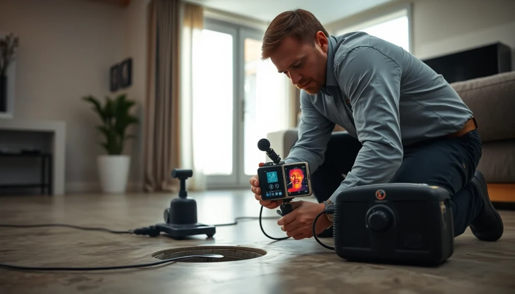 Detecting a leak in concrete floor using advanced leak detection equipment by a professional technician.