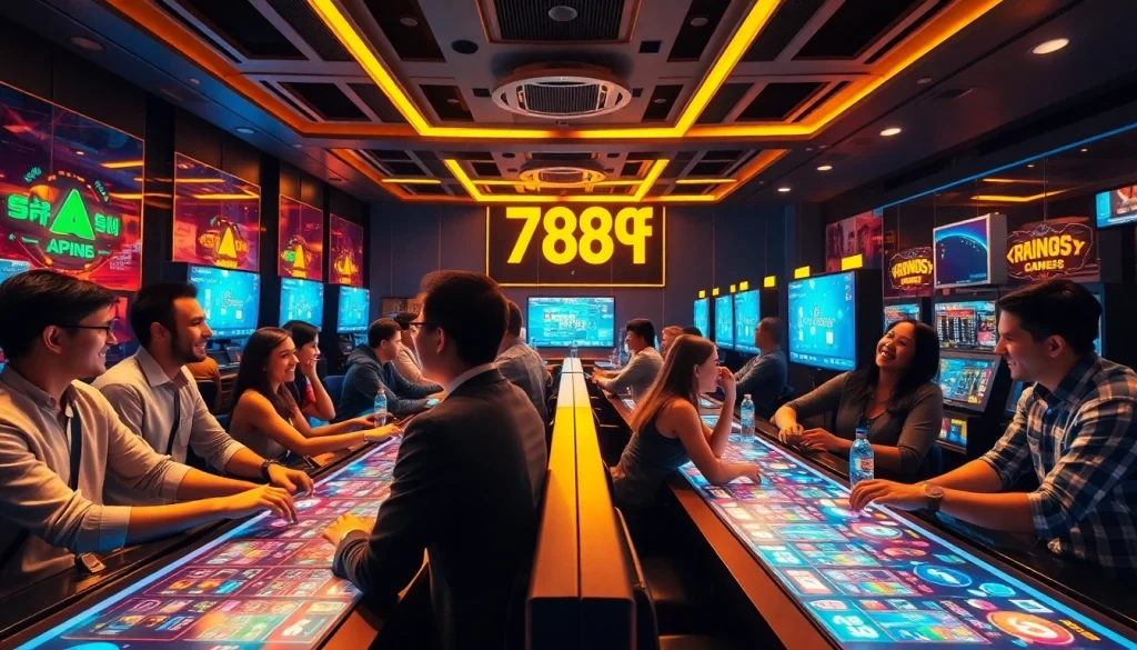 Interactive gaming lounge scene featuring 789f with players enjoying various games.