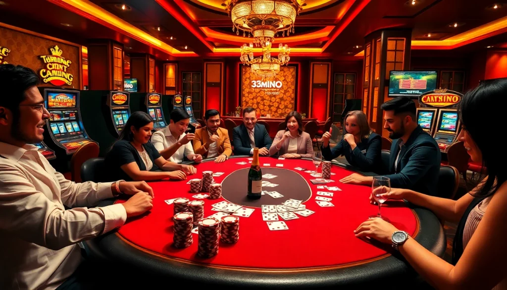 A diverse group celebrates a big win at a poker table in a luxurious casino setting promoting https://13win2025.online/.