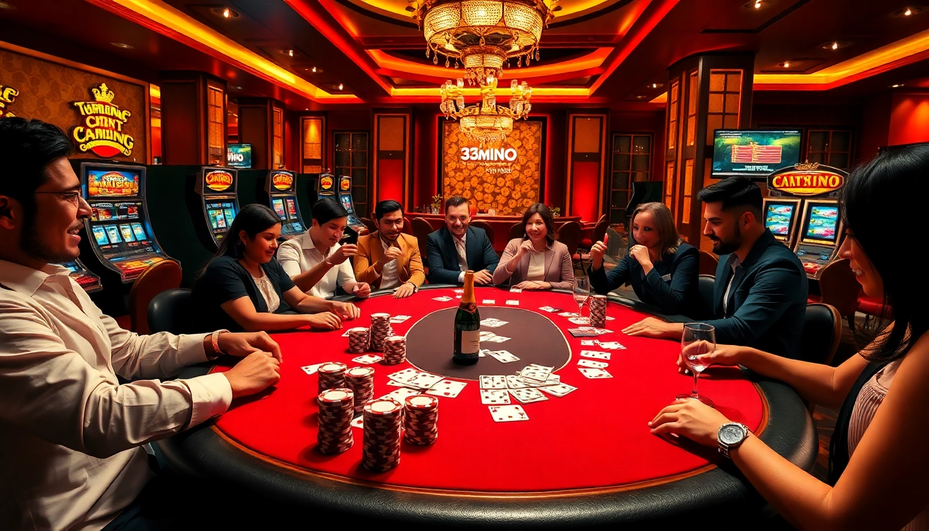 A diverse group celebrates a big win at a poker table in a luxurious casino setting promoting https://13win2025.online/.