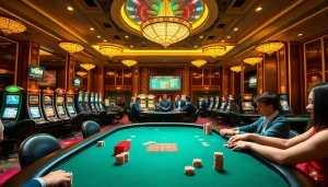 Engaging scene showcasing gamblers at nhà cái F168, highlighting lively casino tables and online gaming aspects.