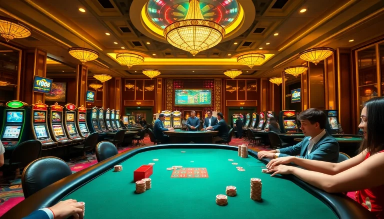 Engaging scene showcasing gamblers at nhà cái F168, highlighting lively casino tables and online gaming aspects.