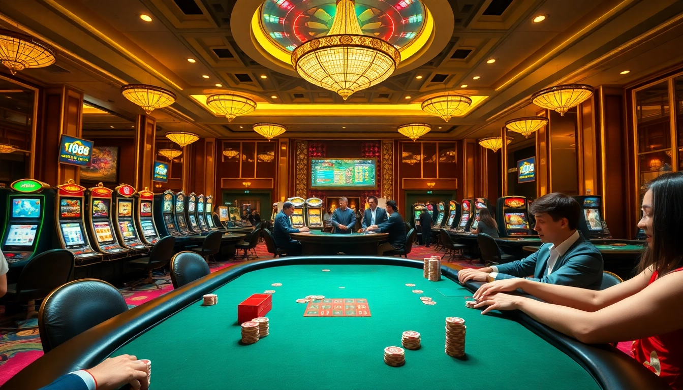 Engaging scene showcasing gamblers at nhà cái F168, highlighting lively casino tables and online gaming aspects.