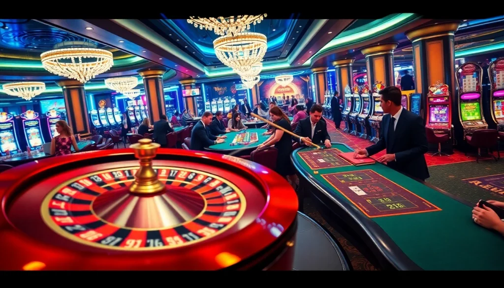 Experience the energy of red88 sập with players enjoying casino tables and slot machines in a vibrant setting.