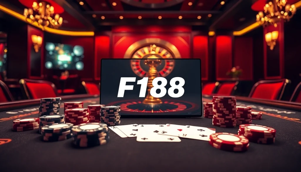 F168 logo at an exciting poker table scene with professional gamblers and luxury decor.