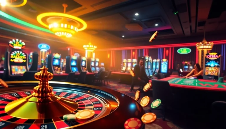 Experience the thrill of DR88 surrounded by vibrant casino games and glowing slot machines.