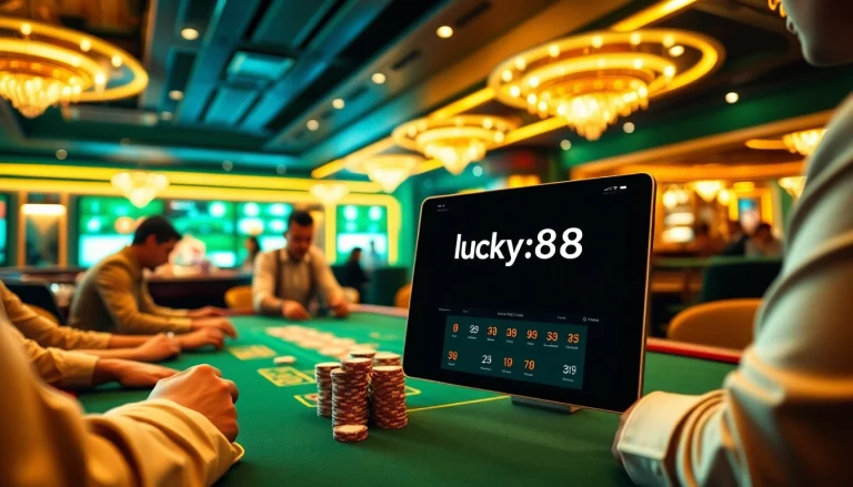Players engaging at a lucky88 casino table, illustrating a vibrant gambling atmosphere.